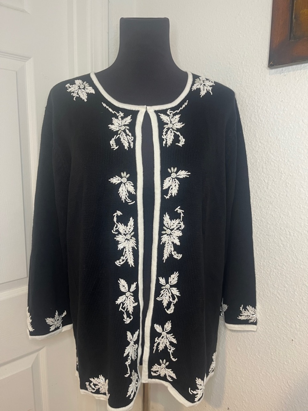 Victor Costa Black Sweater Cardigan with White Floral Embroidery